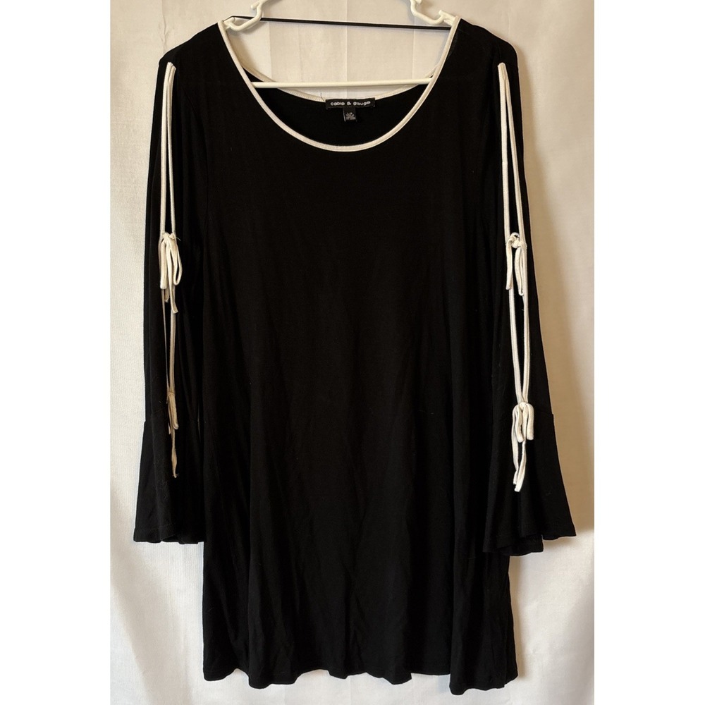 Women's CABLE & GAUGE BLACK Shirt SEXY White Slit Sleeve W/TIE BELL SLEEVE LG